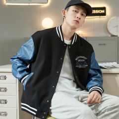 唐狮秋冬新款棒球服男拼接男士夹克宽松棒球外套男仿PU皮飞行夹克