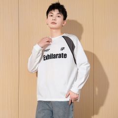 唐狮春秋新款长袖T恤男印花打底衫白色复古美式拼接上衣男生