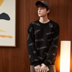 唐狮黑色毛衣男秋季新款字母满印设计感上衣百搭潮酷男毛线衫