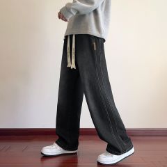 唐狮26春秋冬季新款男士牛仔裤抽绳阔腿裤加绒加厚宽松美式裤子男